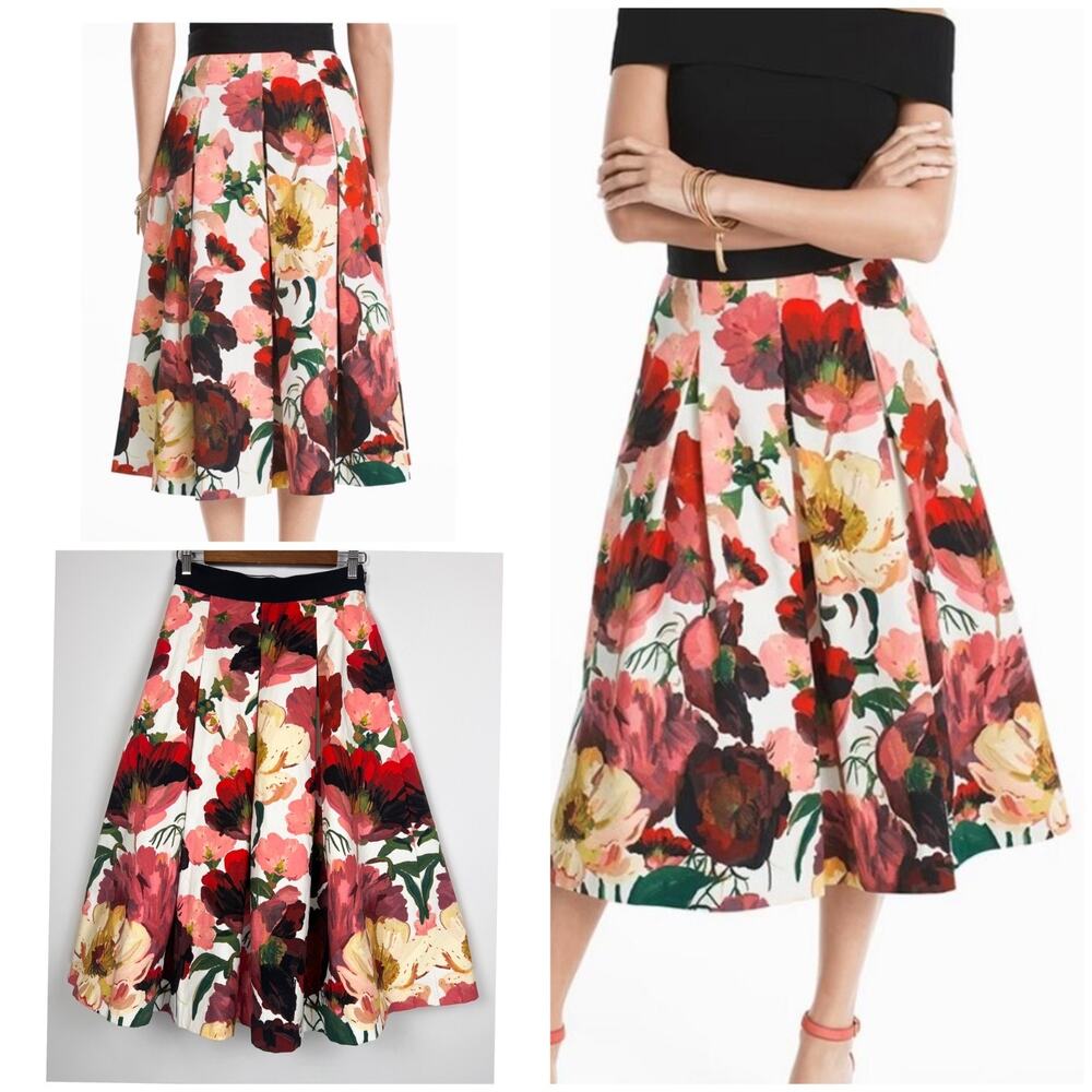White House Black Market 00 Poppy Floral Midi Skirt Women Pleated Full-A Line - Picture 2 of 10
